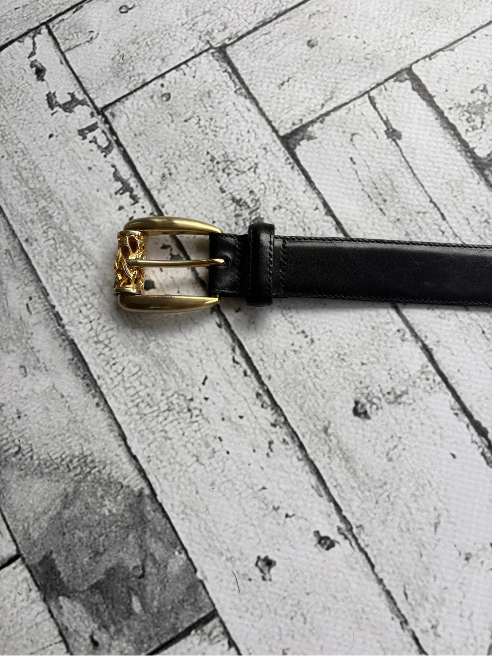 Vintage Brighton Black Leather Belt Gold Scroll Buckle Sz M